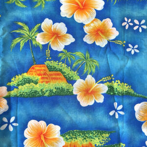 3.3 Yards Vintage GVH Hawaii Print Fabric Tropical Floral Hibiscus Blue Orange